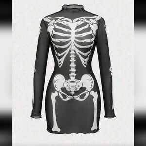 NEW Women's Black Skeleton Print Long Sleeve Mesh Dress